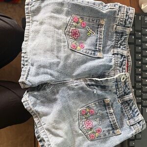 Faded Glory Kids Light Blue Denim Shorts with Pink Floral Embroidery